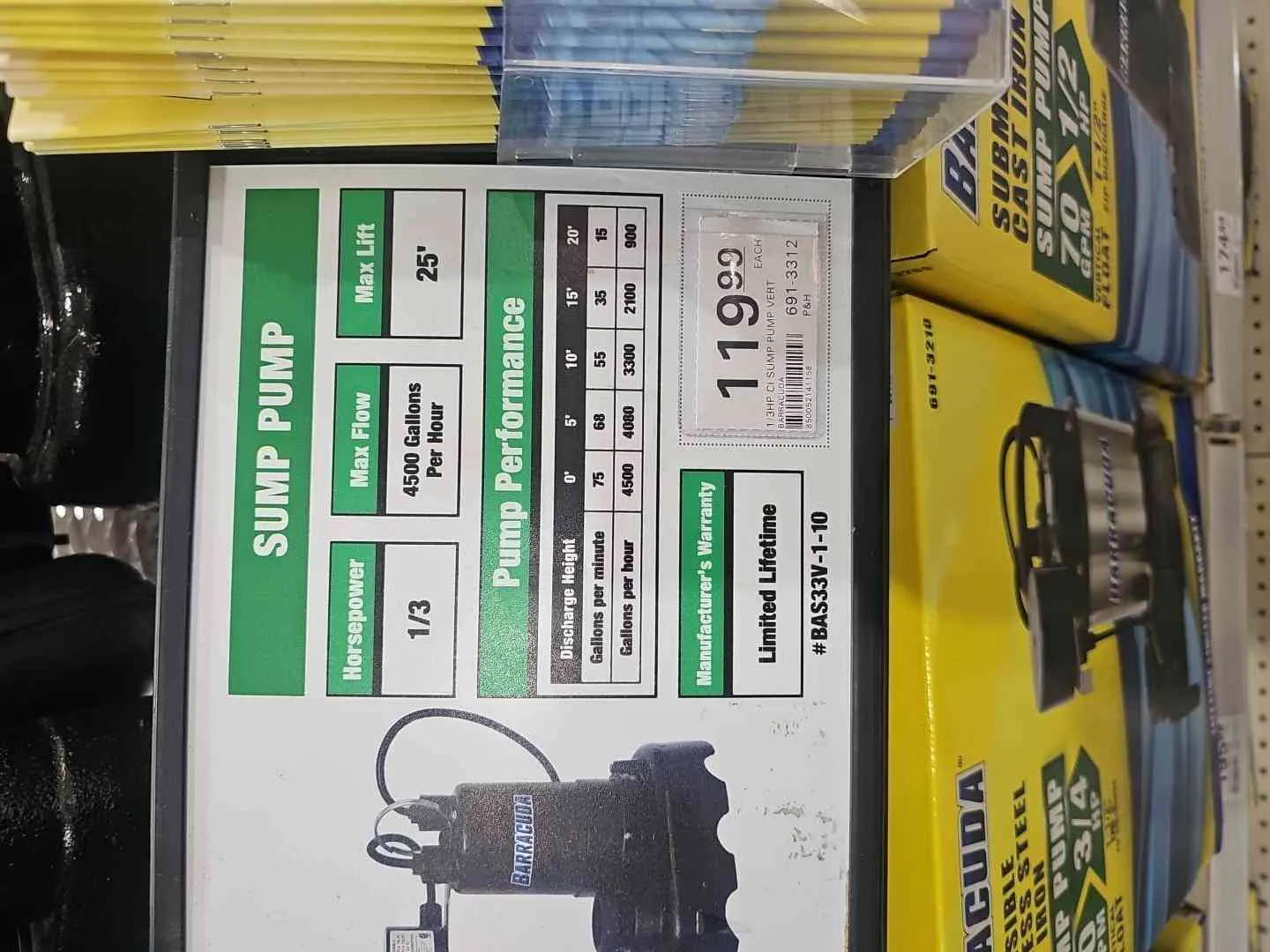 Sump pump specifications displayed at the store